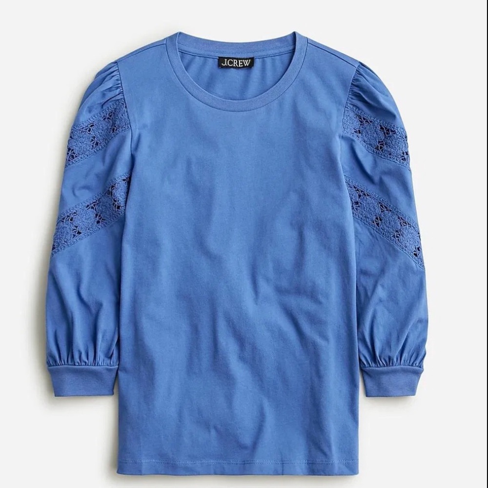 J. Crew Slate Blue puff sleeve top with crochet rosette sleeves